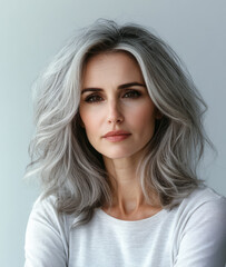 Fototapeta premium Elegant woman with gray hair poses confidently against a neutral background
