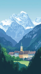 Fototapeta premium Illustration, Cityscape of Berchtesgaden in the German Alps, Germany, touristic advertisement poster. Must-see touristic spot ,Mockup for touristic poster, advertisement. Beautiful travel destination,