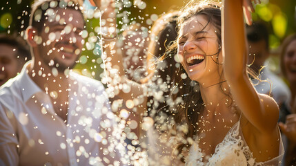 Obraz premium Joyful Wedding Celebration: Bride and Groom showered in celebratory bubbles, radiant smiles and pure happiness, joyful wedding day, outdoor wedding, summer wedding, love, romance, marriage, couple.