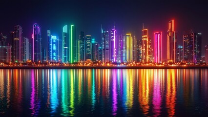Fototapeta premium A glowing neon cityscape reflecting in a calm river, filled with futuristic lights in every shade of the rainbow, dynamic and cinematic