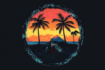 Vibrant Sunset Beach Scene with Palm Trees in a Circular Design