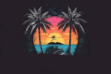 Vibrant sunset scene with tropical palm trees on a dark background