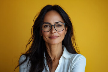 Fototapeta premium Confident woman with long hair wearing glasses against a bright yellow background