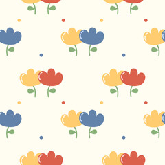 Flower yellow red blue cartoon so cute. On polka dot background. Pattern seamless vector illustration. 