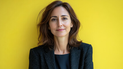 Obraz premium Confident woman poses against a bright yellow background in a professional setting