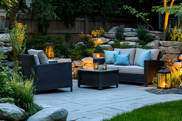 Cozy outdoor seating area with soft lighting and lush greenery.