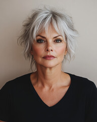 Mature woman with stylish short gray hair poses confidently against a neutral backdrop