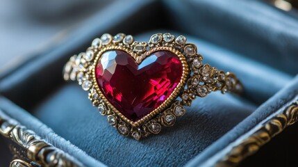 Obraz premium Beautiful Heart-Shaped Red Gemstone Ring in Vintage Jewelry Box