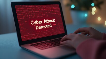 Digital Security Breach - Hacker in Hoodie Confronts "Cyber Attack Detected" Alert on Laptop Screen in Dark Room with Binary Code Background