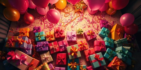 A celebratory array of colorful gifts and balloons, strewn with confetti, evokes joy and festivity.