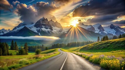 Obraz premium Asphalt road winding through a scenic mountain valley at sunrise