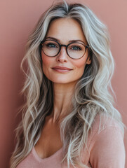 Fototapeta premium Beautiful woman with long wavy hair and glasses poses against a warm pink background