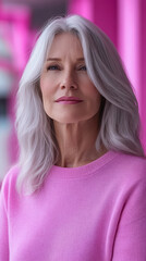 Fototapeta premium Senior woman with silver hair in a pink sweater standing against vibrant backdrop