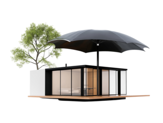 Small modern house with glass walls, large umbrella, and tree in minimalist style, isolated on a white background. Concept of innovative design. Ai generative