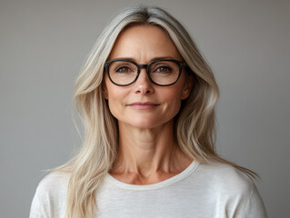 Fototapeta premium Confident woman with glasses and long hair poses against a neutral background