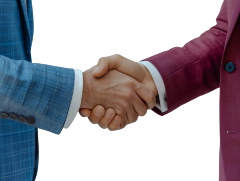 Two hands shaking firmly in formal attire, isolated on a clean white background. Symbolizing agreement, partnership, and professionalism. Ai generative