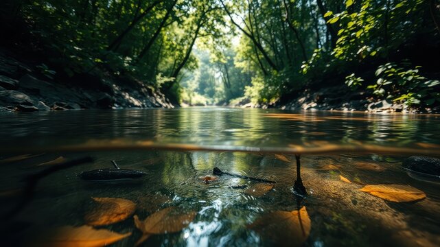 Serene forest stream, a split-level view of tranquil water reflecting sunlight through lush green trees