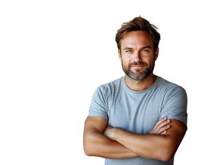 Fototapeta premium Confident man wearing a gray T-shirt, arms crossed, isolated style, white background, closeup of a cheerful expression. Concept of casual positivity. Ai generative.