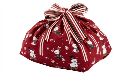 Festive Red Christmas Gift Bag with Snowman Pattern and Ribbon
