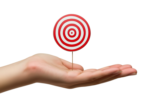 Hand holding a red and white circular target symbol, isolated on a clean white background, concept of focus, precision, and goals. Ai generative
