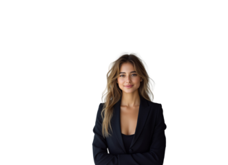 Woman dressed professionally in asuit, standing confidently with a smile, isolated on a clean white background. Concept of business professionalism. Ai generative