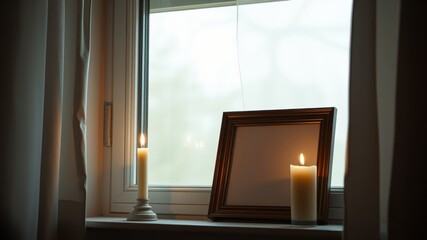A somber scene of remembrance two burning candles flank an empty picture frame on a windowsill