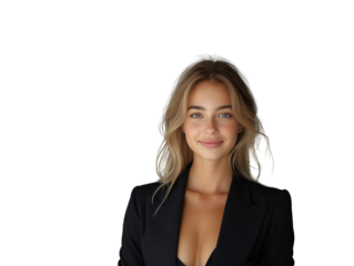 A smiling woman in ablazer, isolated on a white background, showcasing elegance and confidence. Ai generative