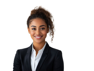 Businesswoman smiling in formal attire, isolated on a clean white background, closeup. Professional concept, modern and elegant. Ai generative
