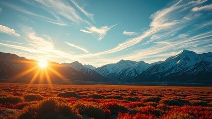 Obraz premium Serene Sunset Over Snowy Mountain Range and Autumnal Plains