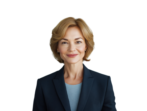 Businesswoman in formal suit, isolated on a clean white background. Close-up portrait, professional concept, showcasing confidence and elegance. Ai generative