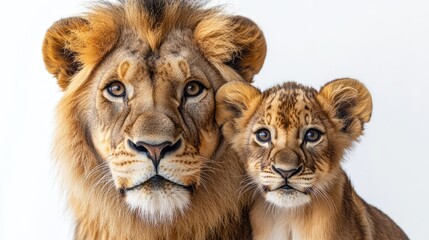 Obraz premium Lion and its cub pose together against white background