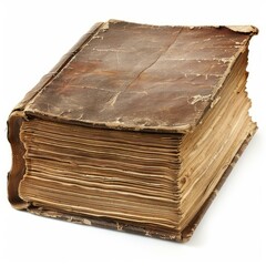 Antique book with worn leather cover and yellowed pages isolated on white background, representing...