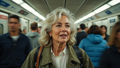 Obraz premium Confident woman walks through bustling subway station as crowds rush by
