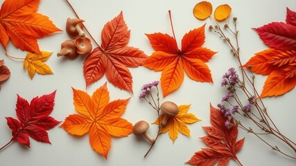Autumnal Still Life Vibrant Leaves, Delicate Flowers, and Earthy Mushrooms Arranged on a Light Background