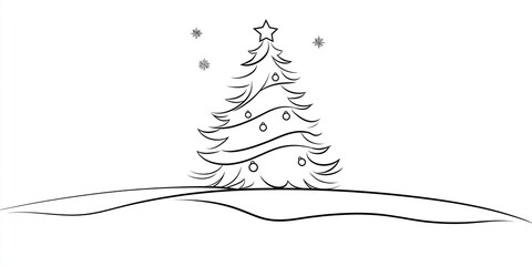 Minimalistic Christmas tree illustration with star and ornaments, elegant black line art, perfect for coloring, holiday-themed designs, greeting cards, and festive decor projects
