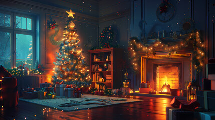 Cozy Christmas Eve: A digital painting of a warm and inviting living room, aglow with the soft light of a decorated Christmas tree, a crackling fireplace, and presents piled beneath.