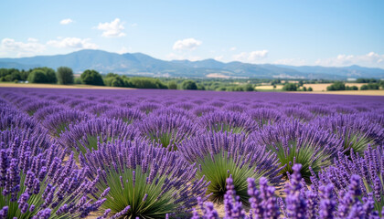 Obraz premium Breathtaking lavender fields bloom under the sunny sky in the countryside, captivating visitors with vibrant hues and scents