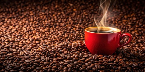 Naklejka premium Aromatic steam rises from a vibrant red cup of coffee nestled amongst a rich bed of roasted coffee beans.
