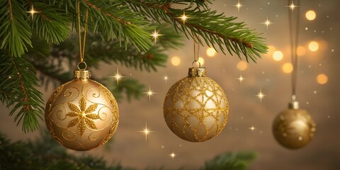 Gold Christmas Ball Holiday Background with Hanging Blue Decorative Ornament