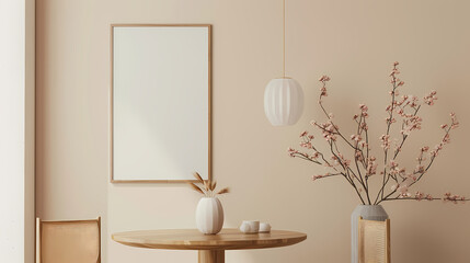 Minimalist Living Room Mockup: A stylish and serene living room features a blank poster frame, perfect for showcasing your design or artwork. The room is adorned with natural elements.