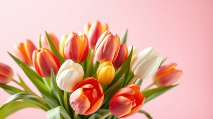 Naklejka premium A vibrant bouquet of spring tulips in shades of pink, orange, and white, arranged artfully against a soft pastel background.