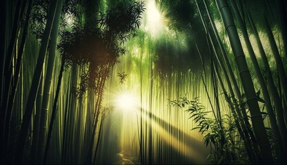 Bamboo forest at sunrise, banner