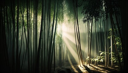 Bamboo forest at sunrise, banner