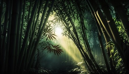 Bamboo forest at sunrise, banner