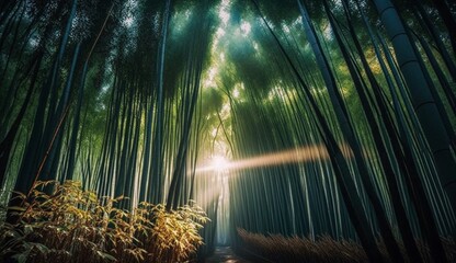 Bamboo forest at sunrise, banner