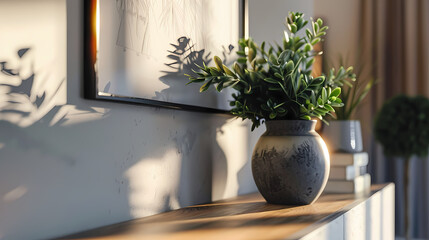Sunlit Serenity: A minimalist vase filled with fresh greenery rests on a wooden shelf, bathed in the warm glow of morning sunlight.