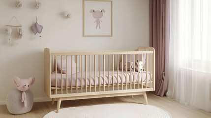 Cozy nursery with a crib, soft colors, and playful decor for a child's room.