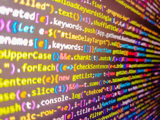 Coding programmer abstract background. Monitor closeup of function source code. Multiple exposure red binary code lines. Sale  tagcloud. Abstract background of digital binary code of software.