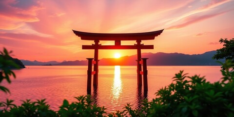 Naklejka premium Serene Sunset Silhouette of a Traditional Asian Gate at Water's Edge