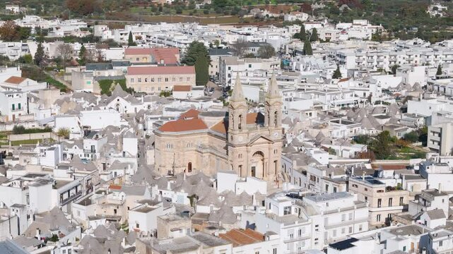 Aerial drone view of the church and town center in Alberbello, Puglia southern Italy